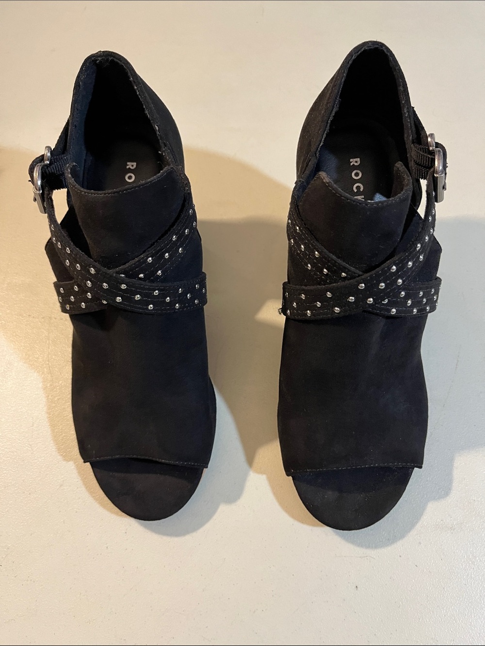 Rocket Dog Black Suede Studded Peep-Toe Mules